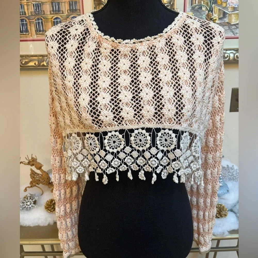FREE PEOPLE BOHO CROCHET CROP TOP NEW ROMANTICS EMBROIDERED OVERSIZED SIZE XS-M